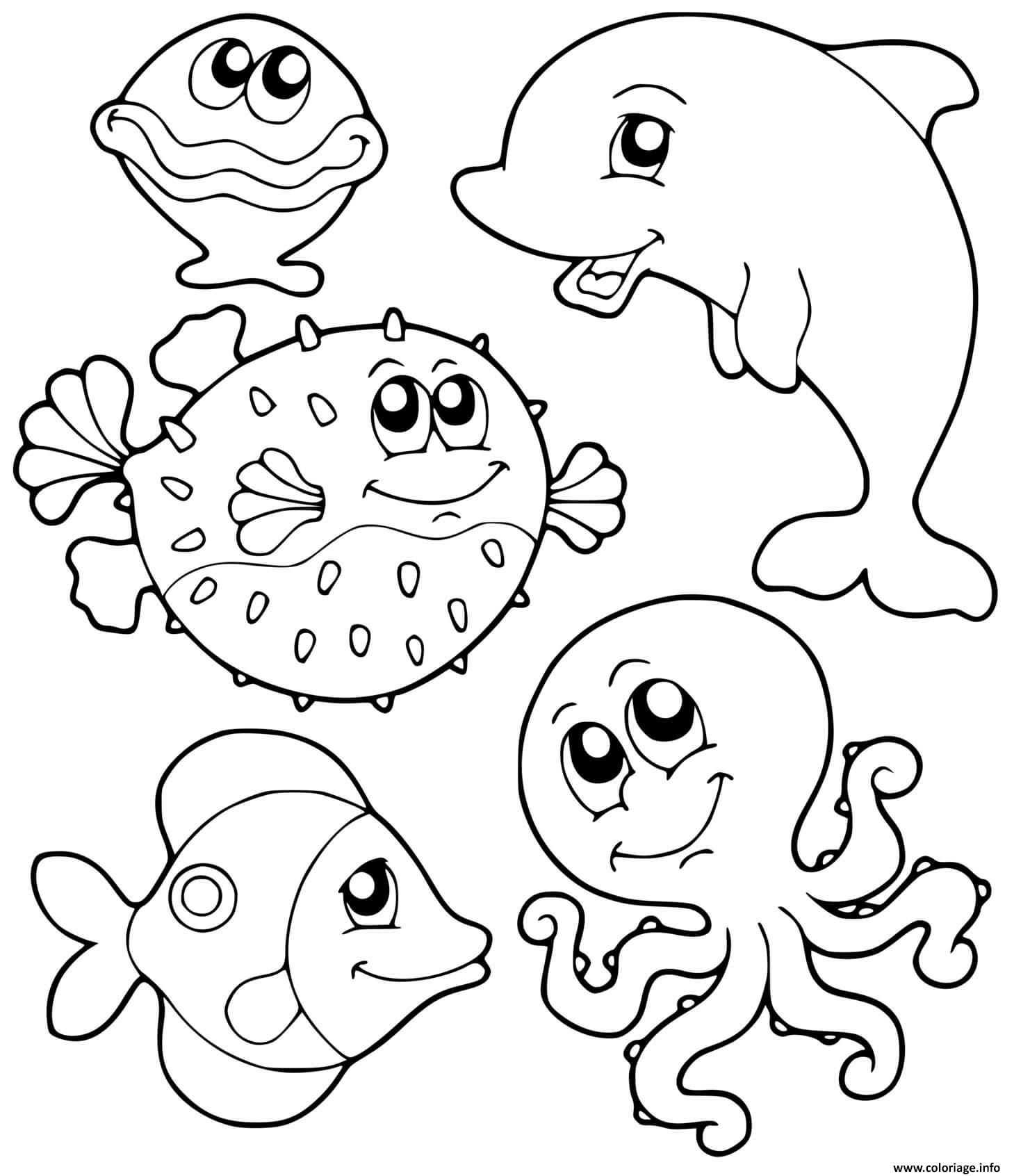Coloriage Animaux De La Mer Monde Marin Poisson Dauphin - Animaux de la mer à imprimer