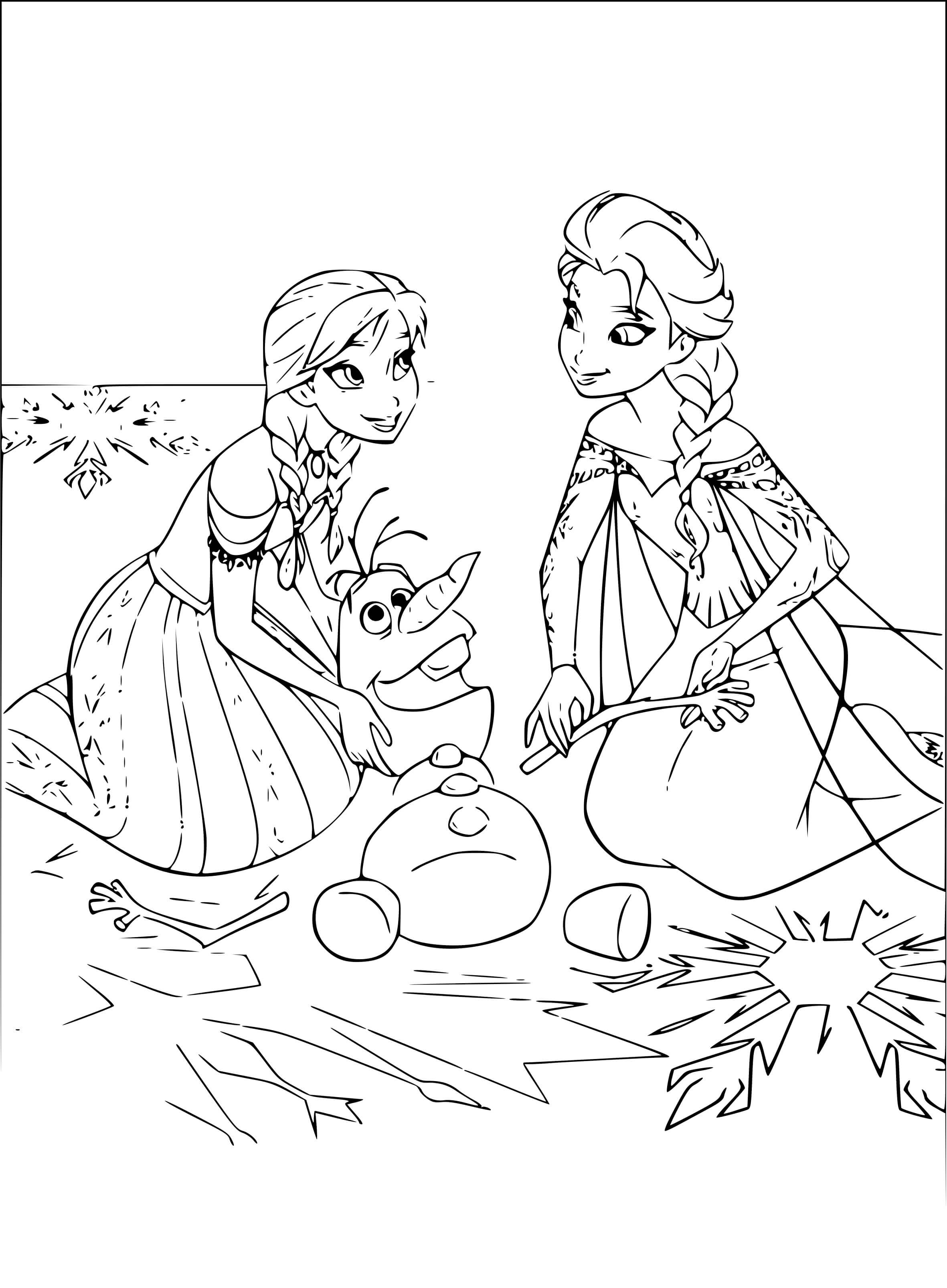 Coloriage Anna Elsa Avec Olaf - La Reine des neiges à imprimer