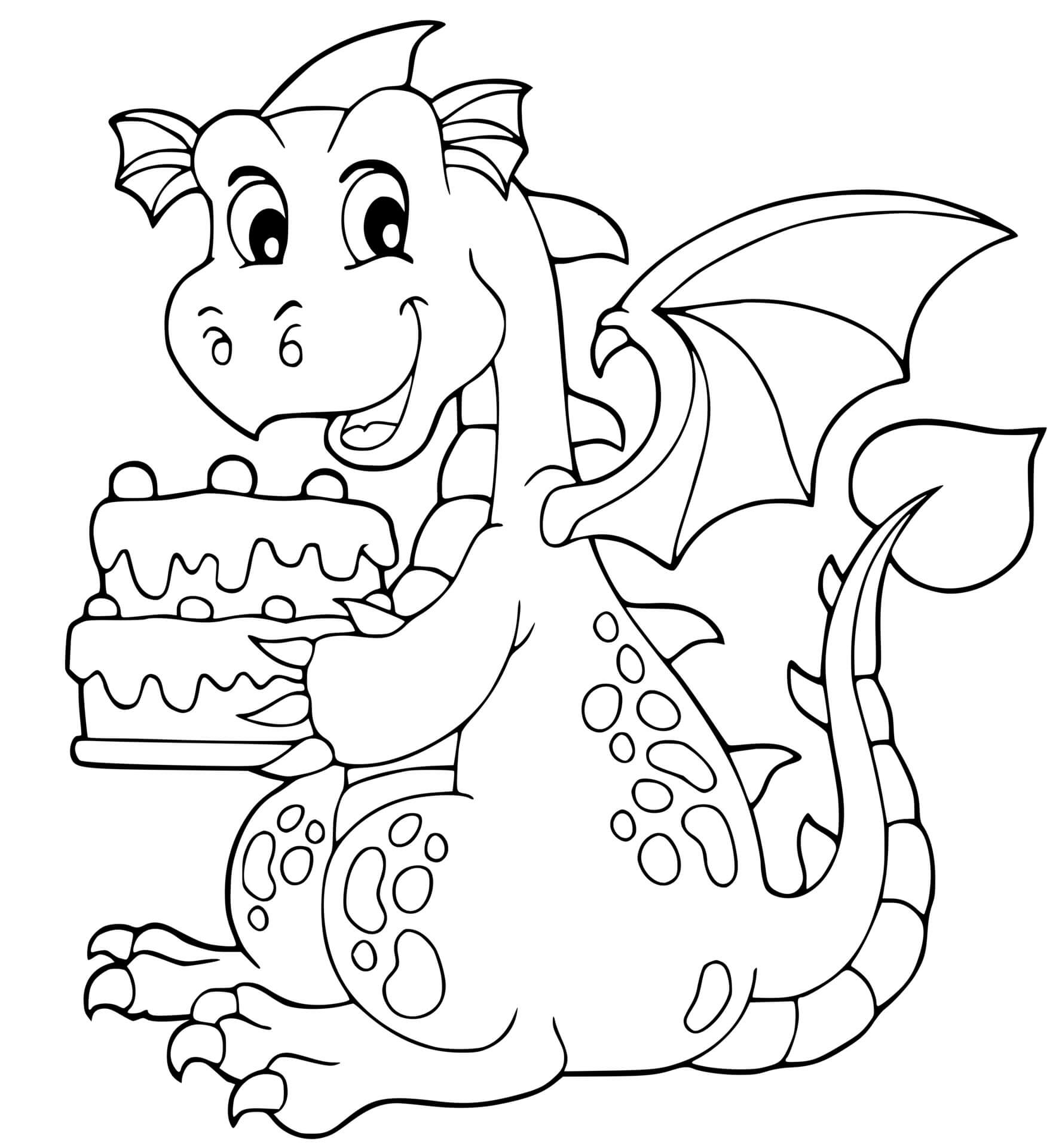 Coloriage Anniversaire Dragon Avec Un Gâteau Pour Sa Fête - Dragon à imprimer