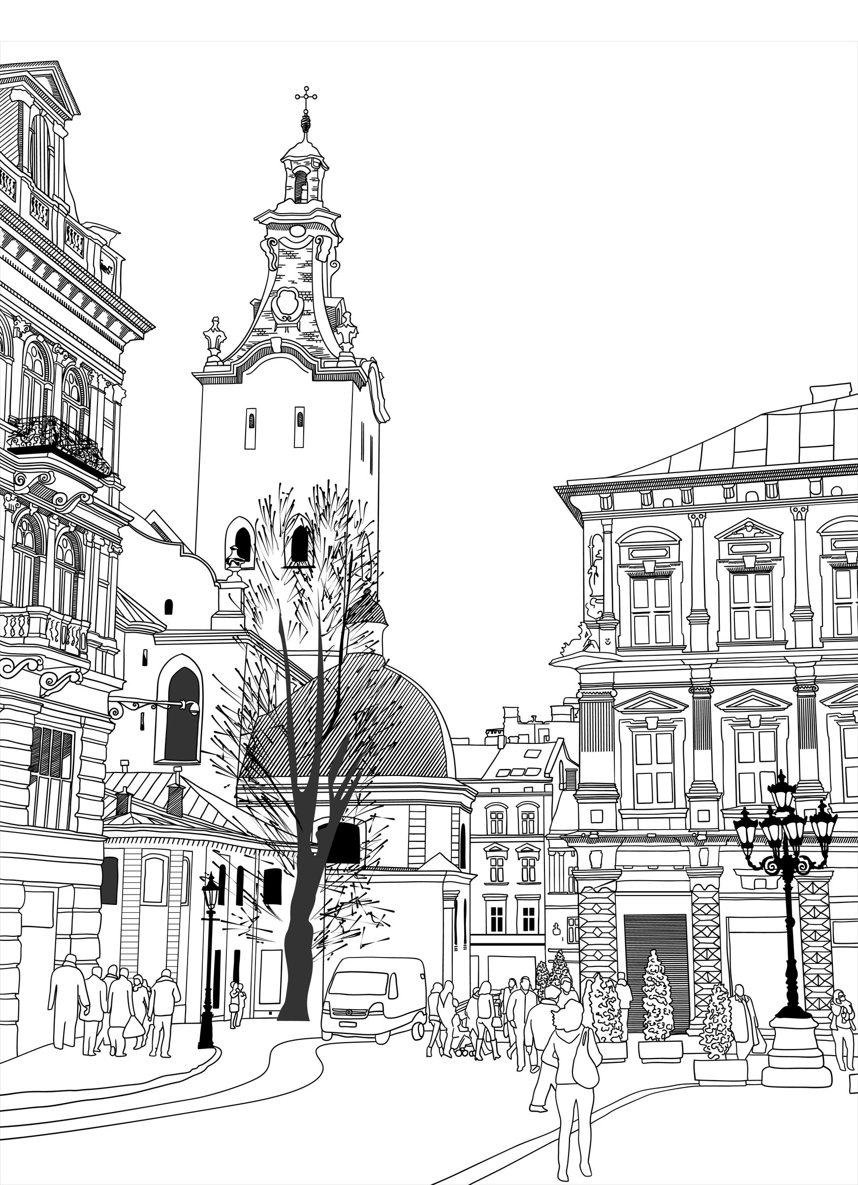 Coloriage Architecture Ville Batiments Ukraine - Ville à imprimer