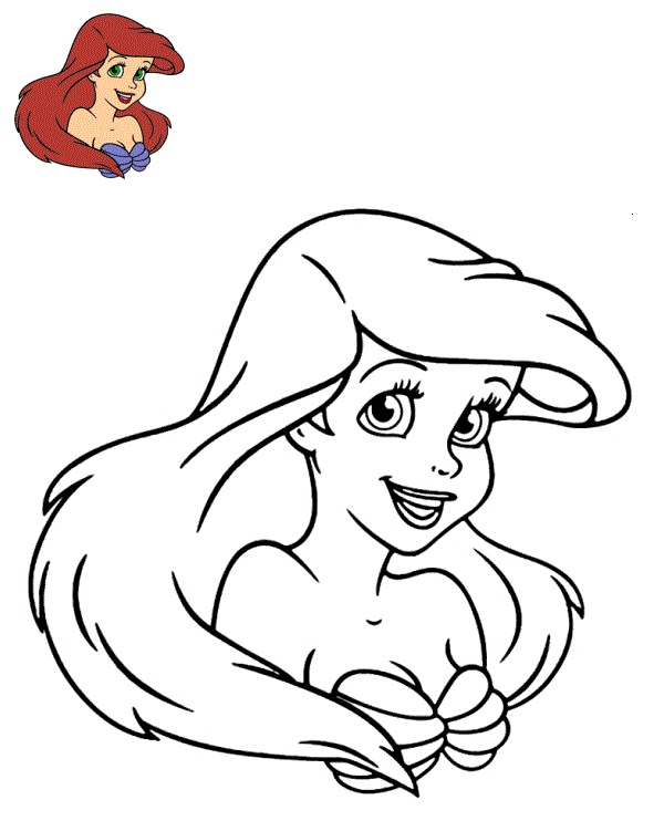 Coloriage Ariel la sirène aux cheveux roux ondulants - Ariel la petite sirène à imprimer