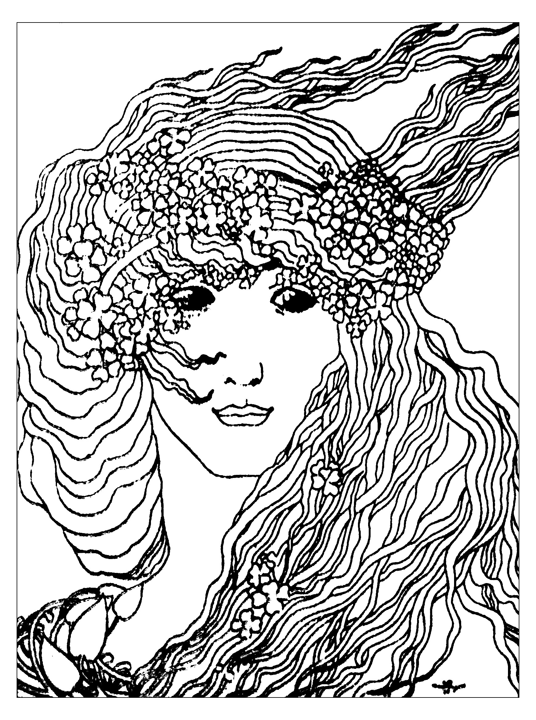 Coloriage Art Nouveau Beardsley aux motifs floraux élégants - Art à imprimer