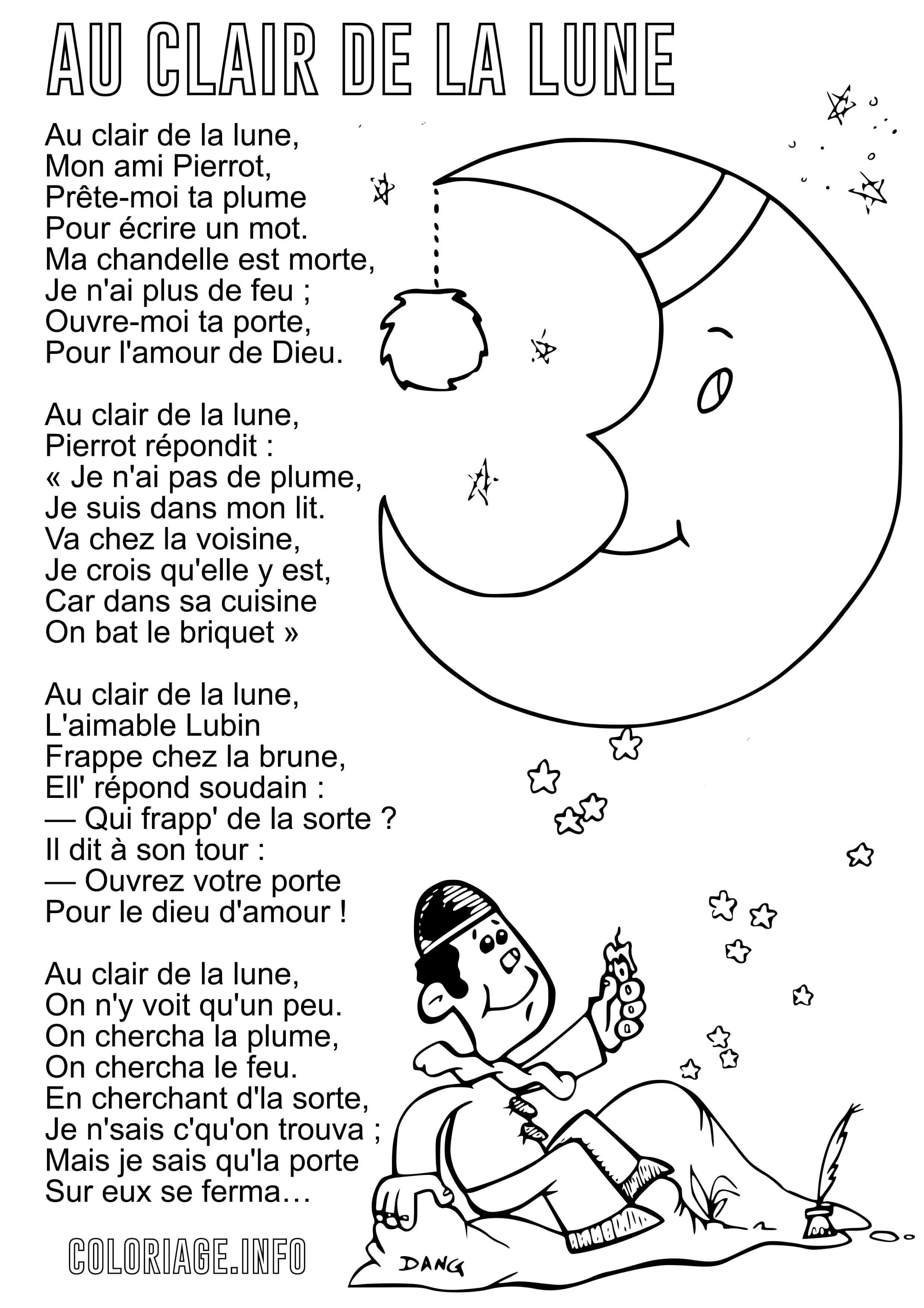 Coloriage Au Clair De La Lune Comptine Berceuse Avec Paroles - Comptine à imprimer