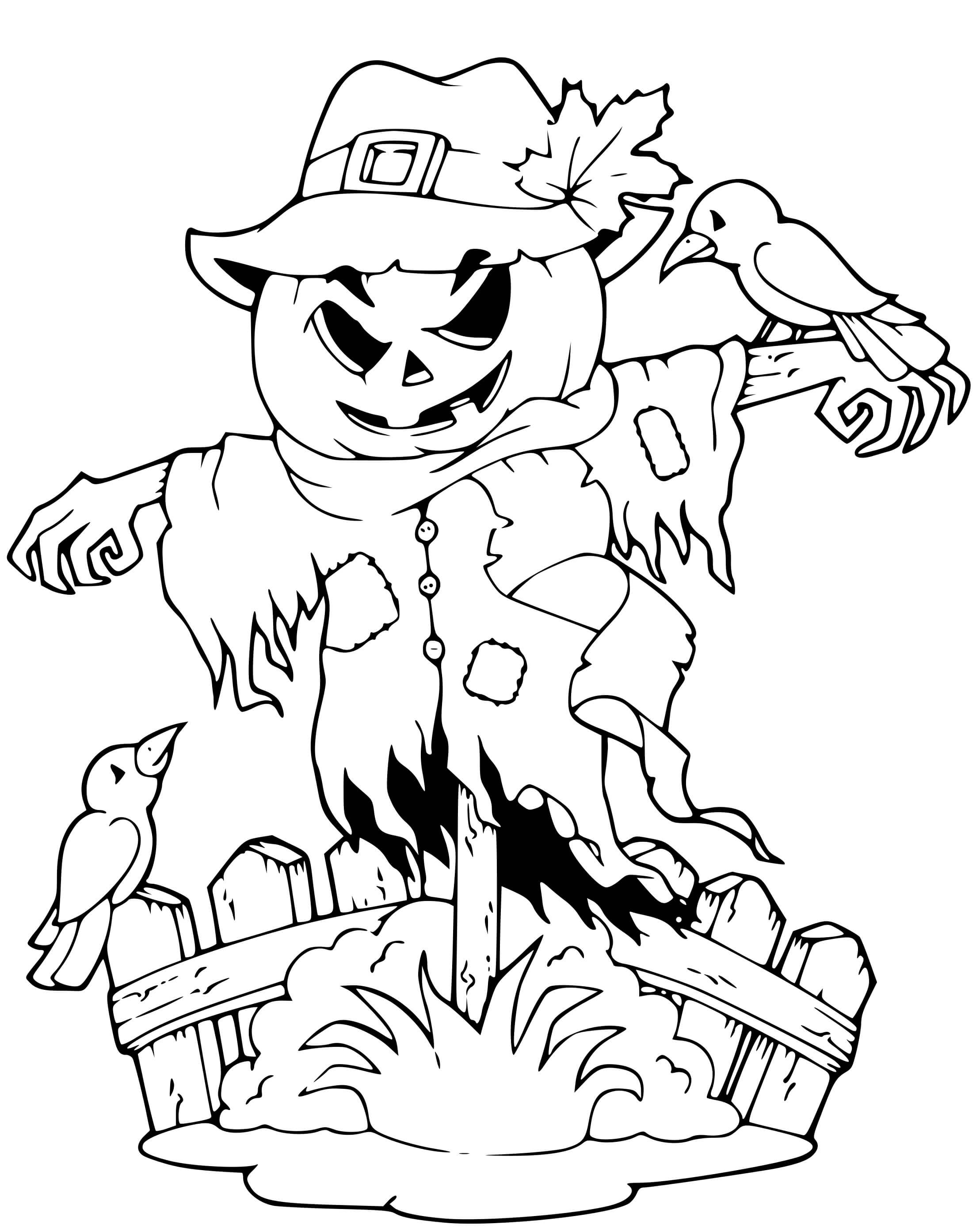 Coloriage Automne Épouvantail Citrouille Dans Un Champs - Automne à imprimer