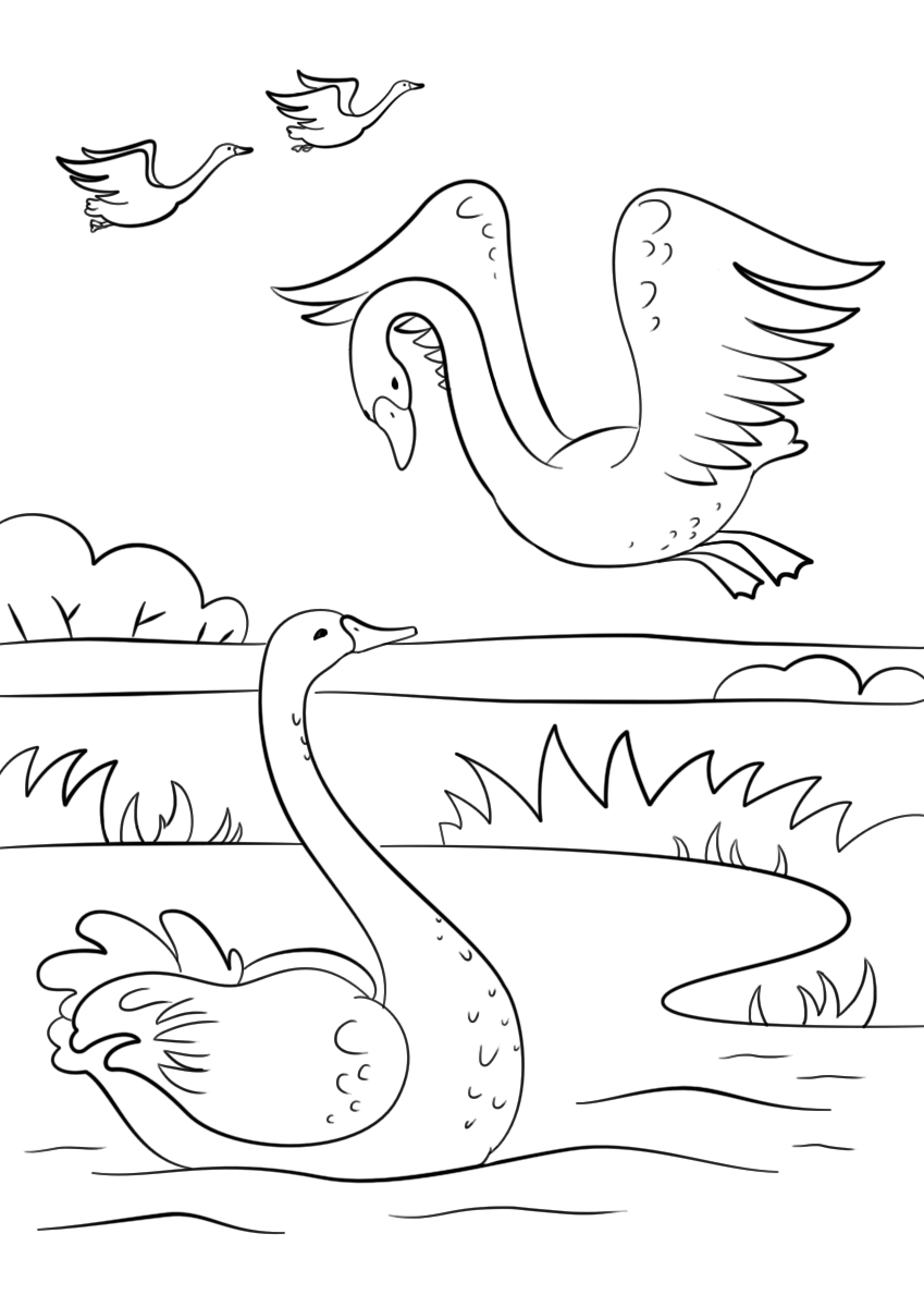 Coloriage Automne avec Cygnes - Automne à imprimer