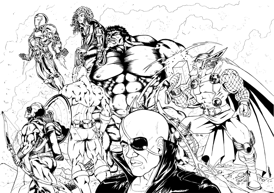 Coloriage Scène complexe des Avengers pour experts - Avengers à imprimer