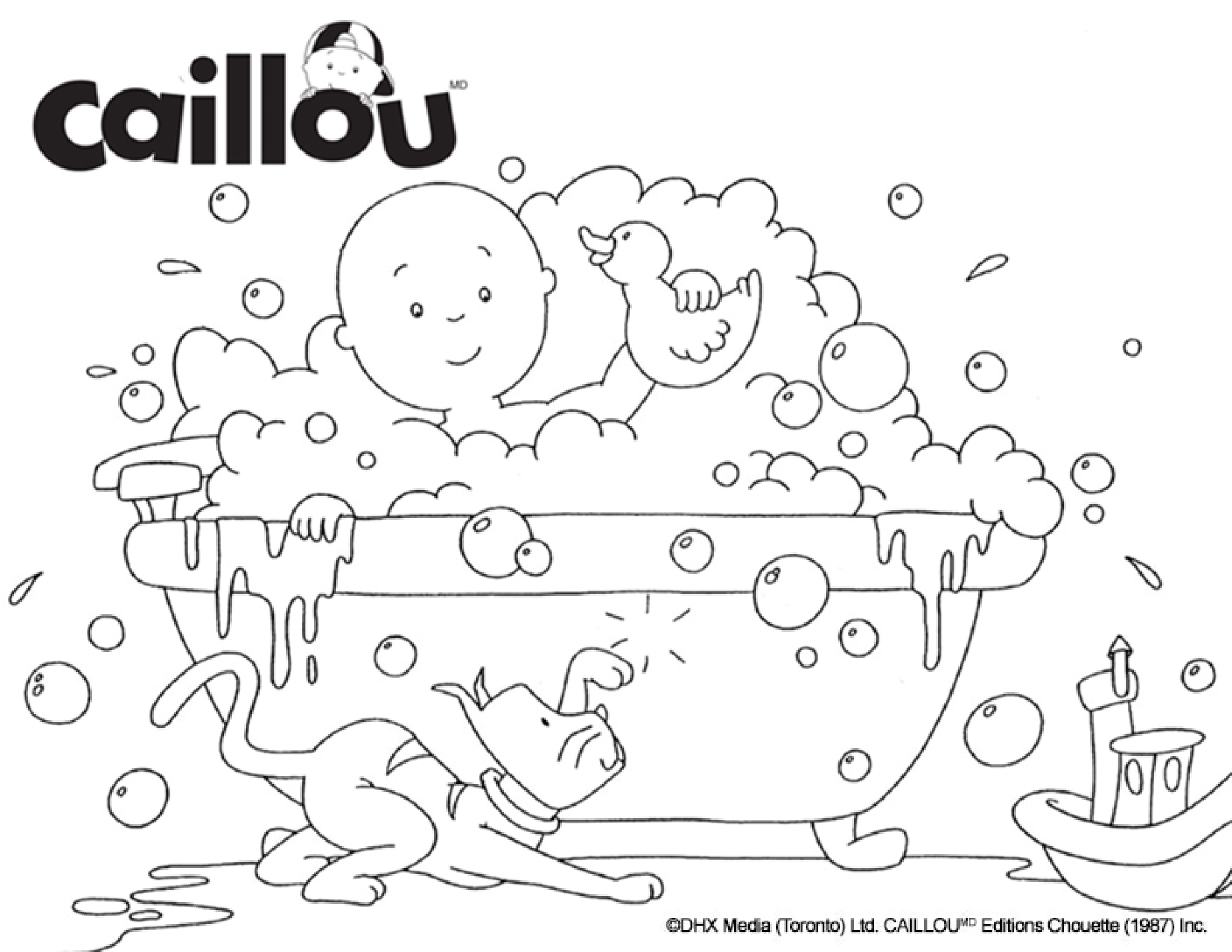Coloriage Bain Moussant Avec Caillou Et Ses Jouets - Caillou à imprimer