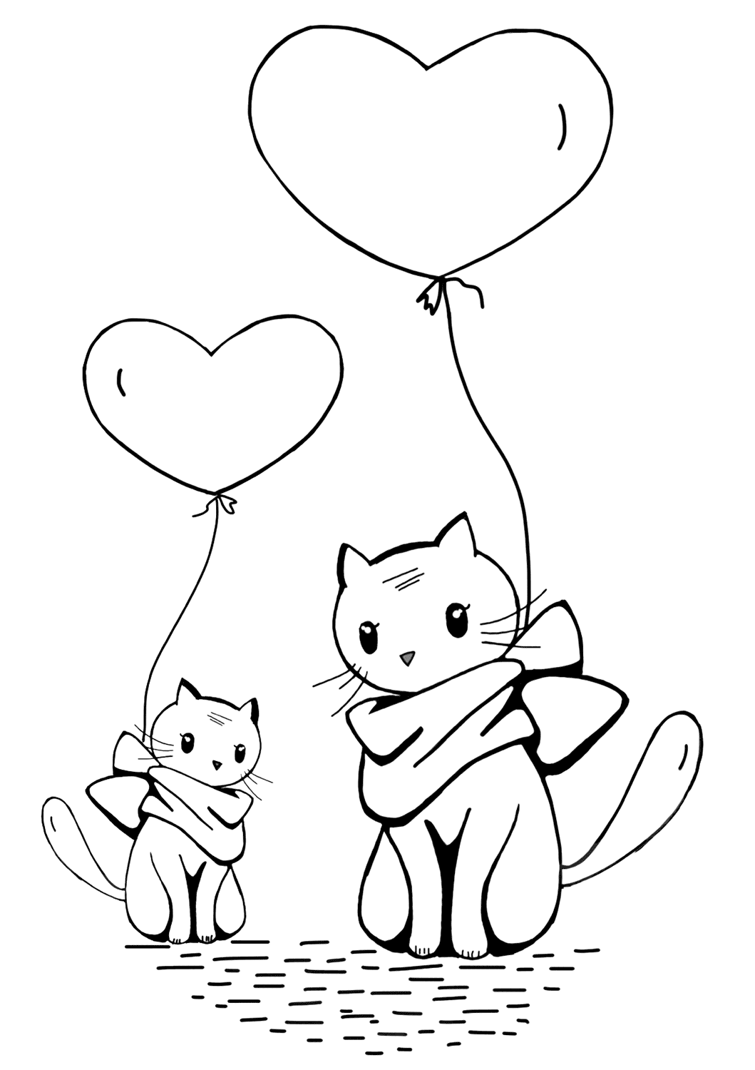 Coloriage Ballons Chats Avec Cœur - Saint-Valentin à imprimer