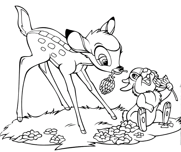 Coloriage Bambi Et Panpan Mangent Des Fleurs - Bambi à imprimer