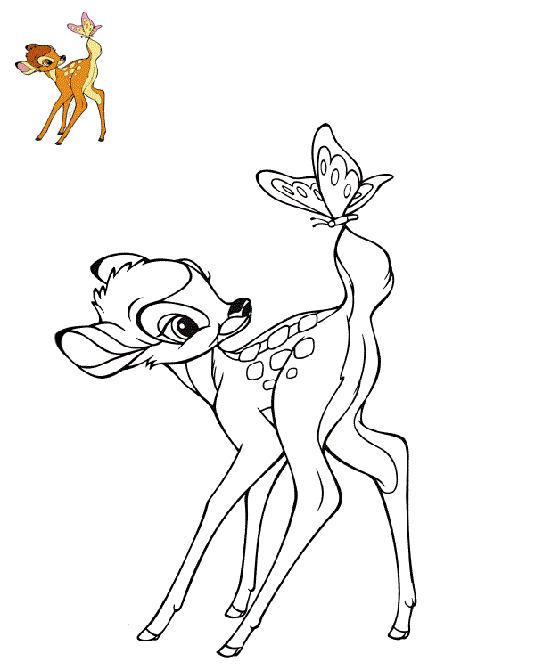 Coloriage Bambi Et Papillon Dans La Forêt - Bambi à imprimer