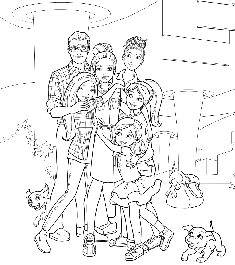 Coloriage Barbie Et Sa Famille Enfants Et Chiens - Barbie princesse à imprimer