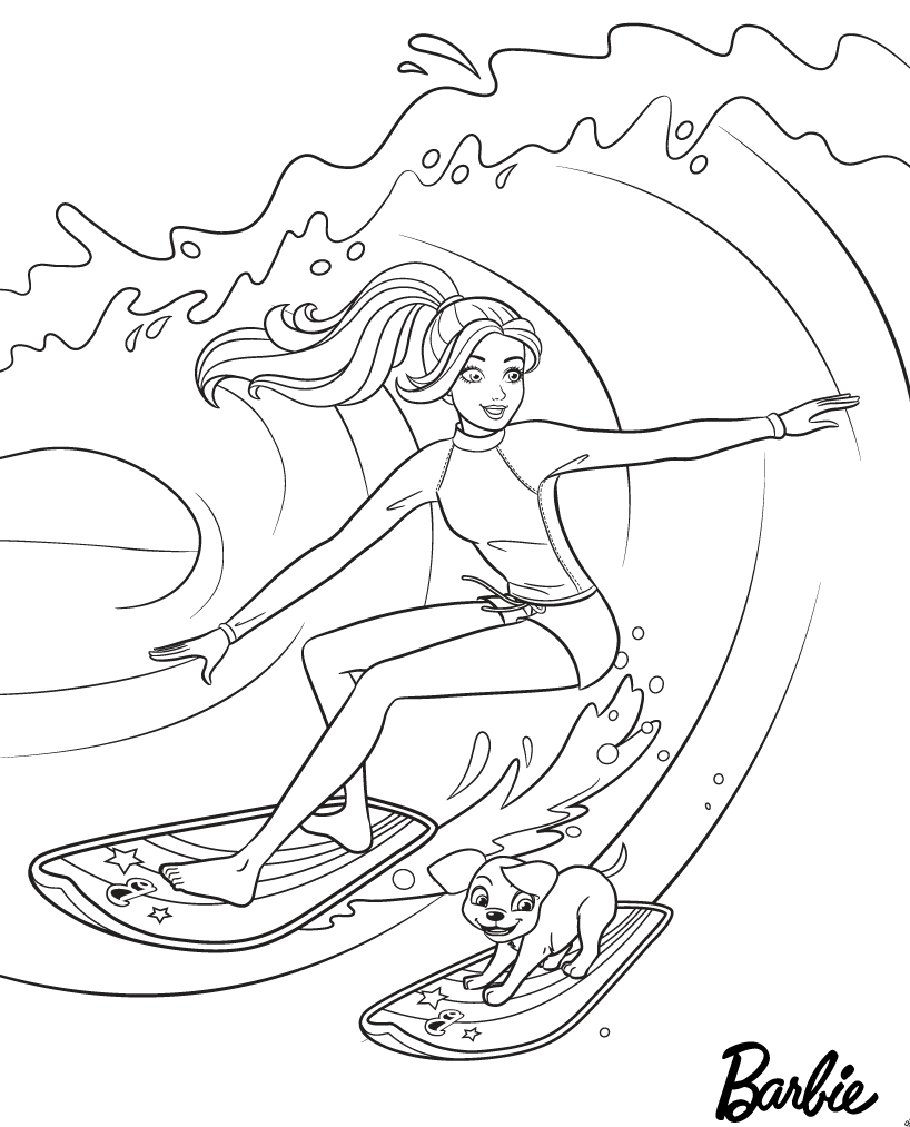 Coloriage Barbie Fait Du Surf Avec Son Chien - Barbie à imprimer