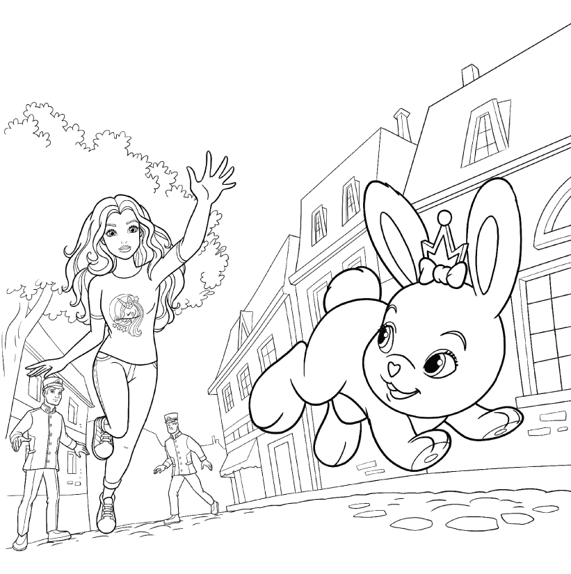 Coloriage Barbie Princesse Court Après Son Lapin - Barbie princesse à imprimer