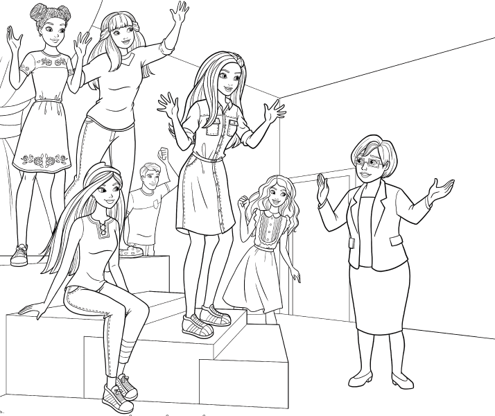 Coloriage Barbie Princesse Et Ses Collegues En Plein Cours - Barbie princesse à imprimer