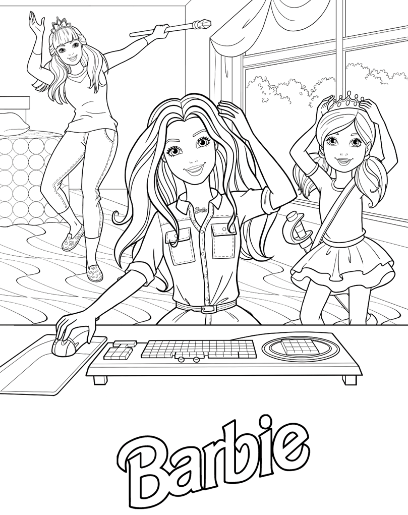 Coloriage Barbie Princesse Et Ses Petites Sœurs Devant Un Ordinateur - Barbie princesse à imprimer
