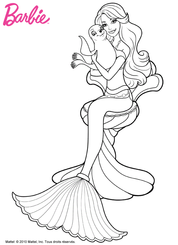 Coloriage Barbie Sirène Avec Un Bébé Phoque - Barbie sirène à imprimer
