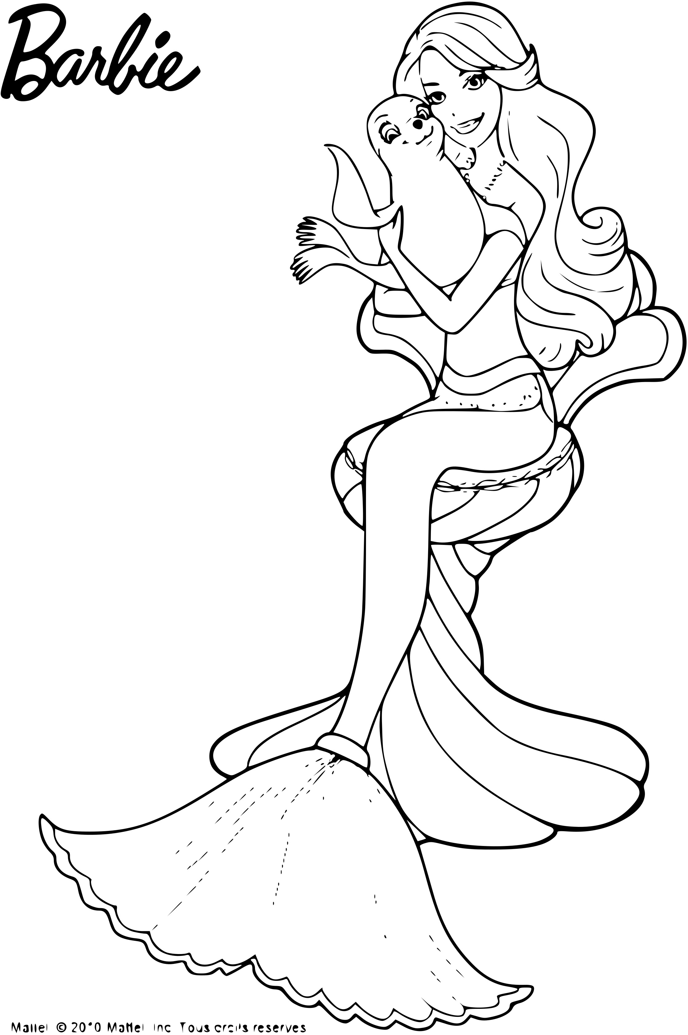 Coloriage Barbie Sirène Avec Un Bébé Phoque - Barbie sirène à imprimer