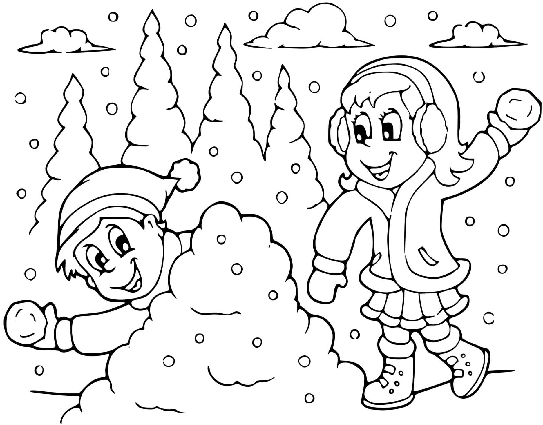 Coloriage Bataille De Neige Entre Fille Et Garçon Hiver - Hiver à imprimer