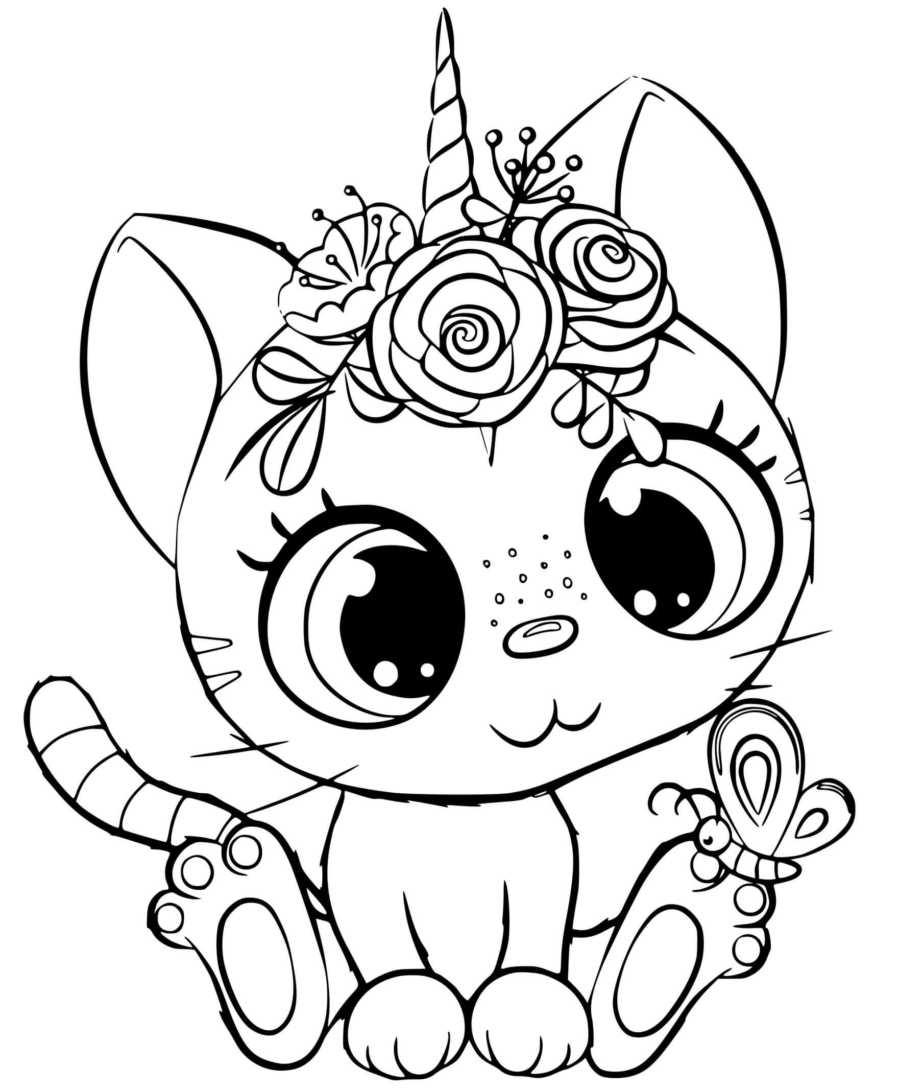 Coloriage Bébé Chat Licorne Yeux Mignon - Chat licorne à imprimer