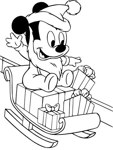 Coloriage Bébé Mickey Glisse Avec Des Cadeaux De Noël - Noël Disney à imprimer