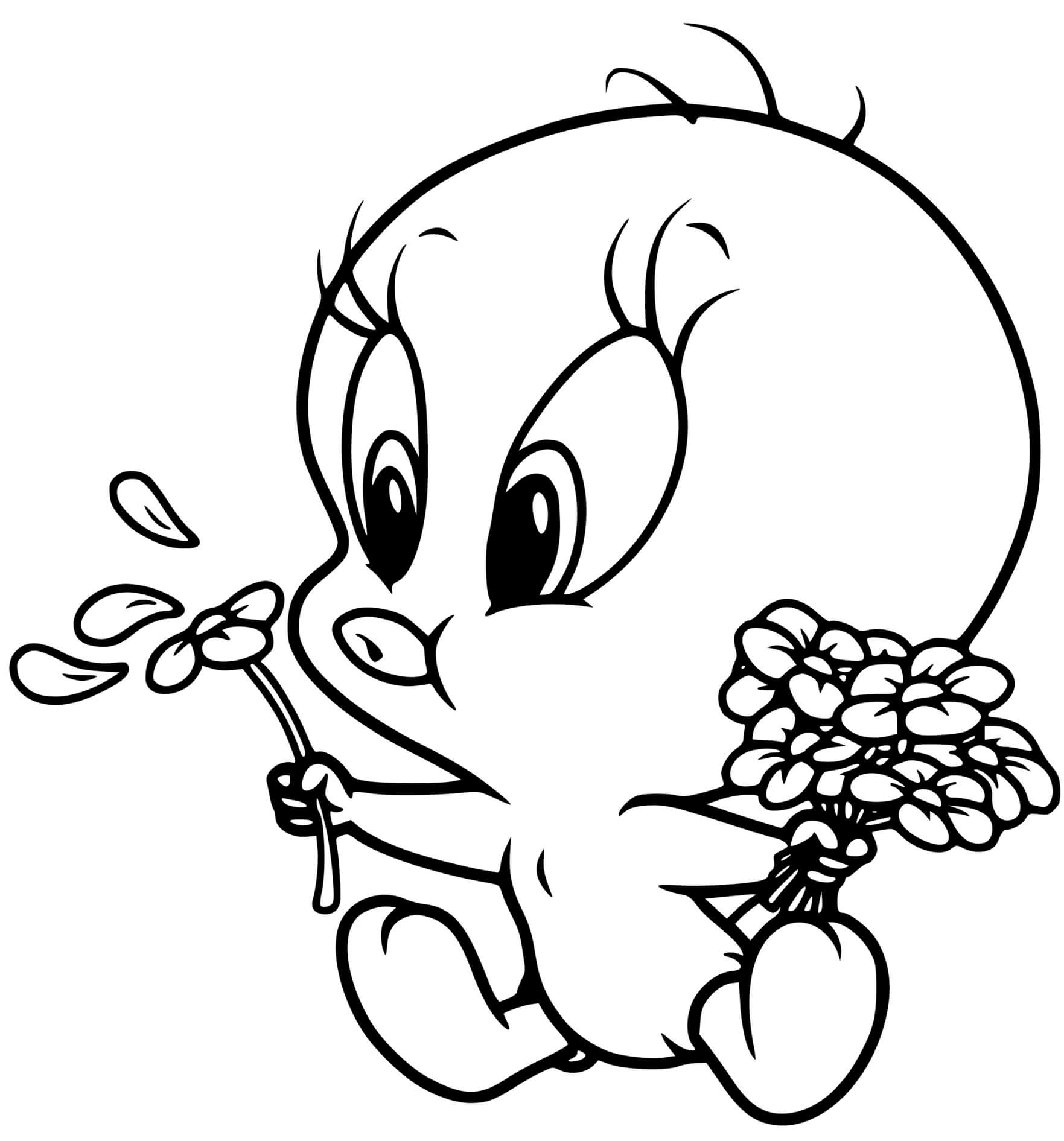 Coloriage Bébé Titi Looney Tunes Souffle Des Fleurs - Titi à imprimer