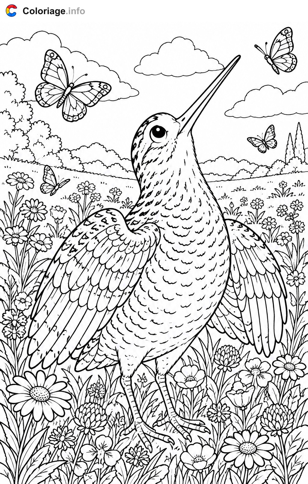 Snipe in Spring — Coloring page to print