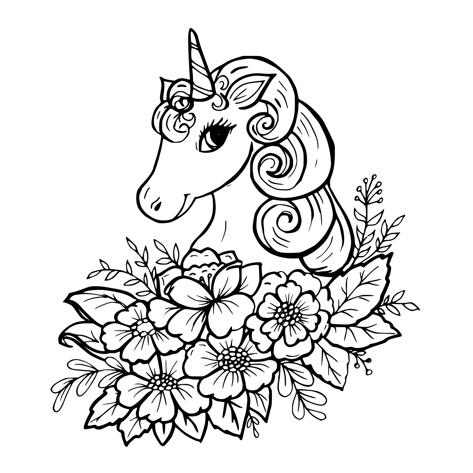 Coloriage Belle Licorne Avec Fleurs - Licorne à imprimer