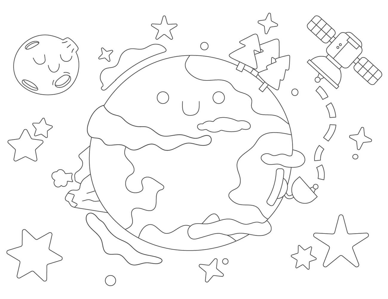 Coloriage Belle Planète Lune Étoiles Satellite - Jour de la Terre à imprimer