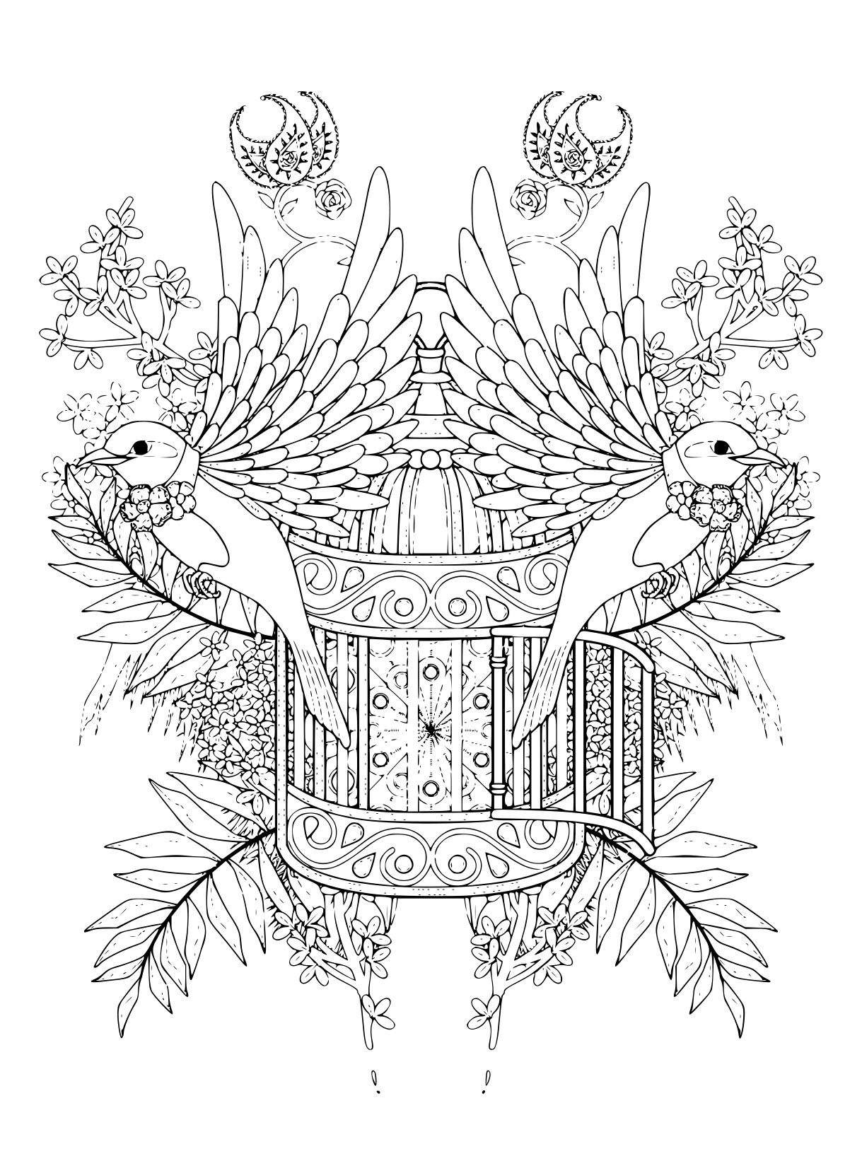 Coloriage Benediction Oiseaux Adulte Avec Des Elements Floraux - Adulte à imprimer