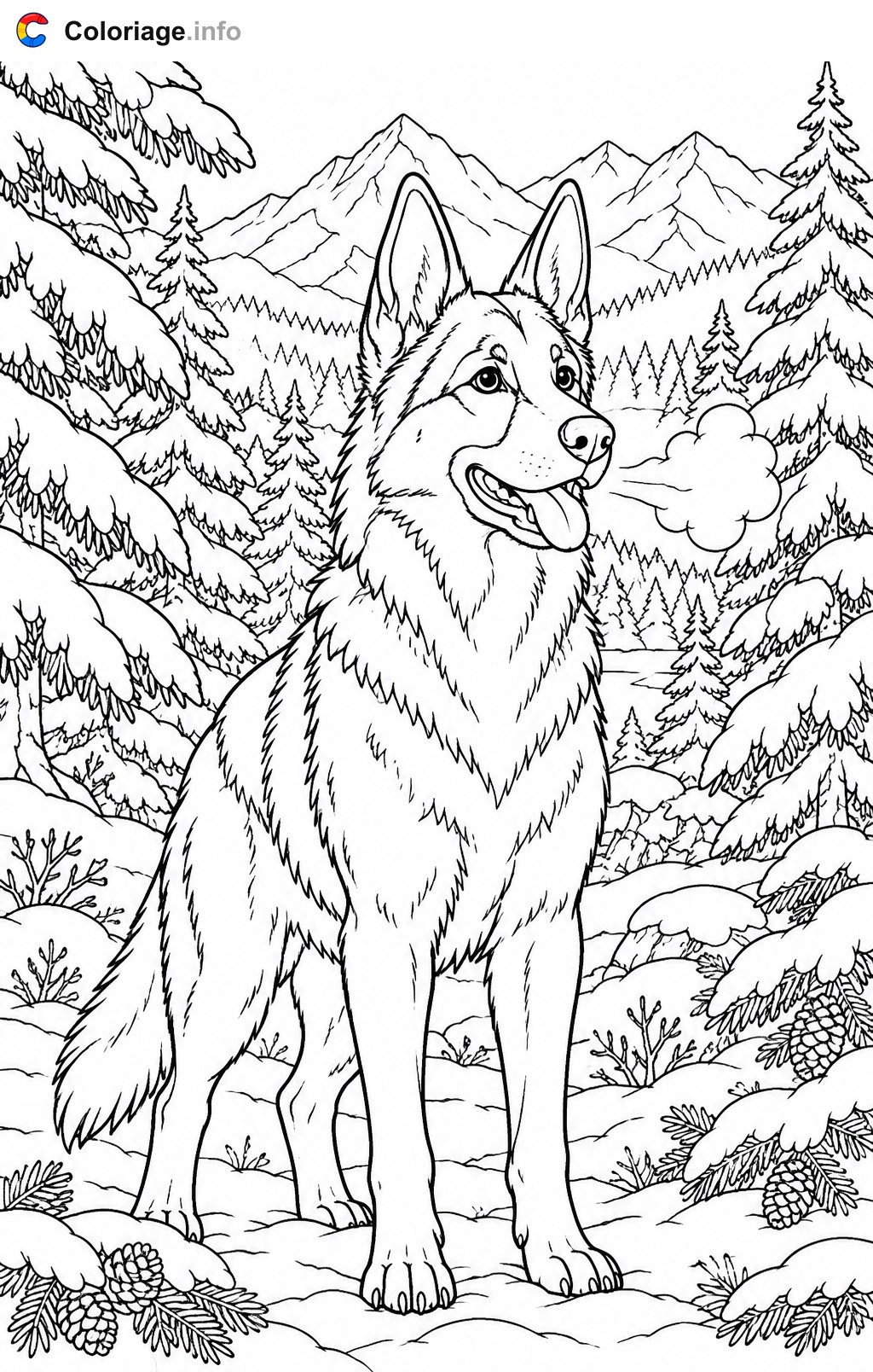Deutscher Schäferhund in verschneiter Wald Ausmalbilder — Ausmalbild