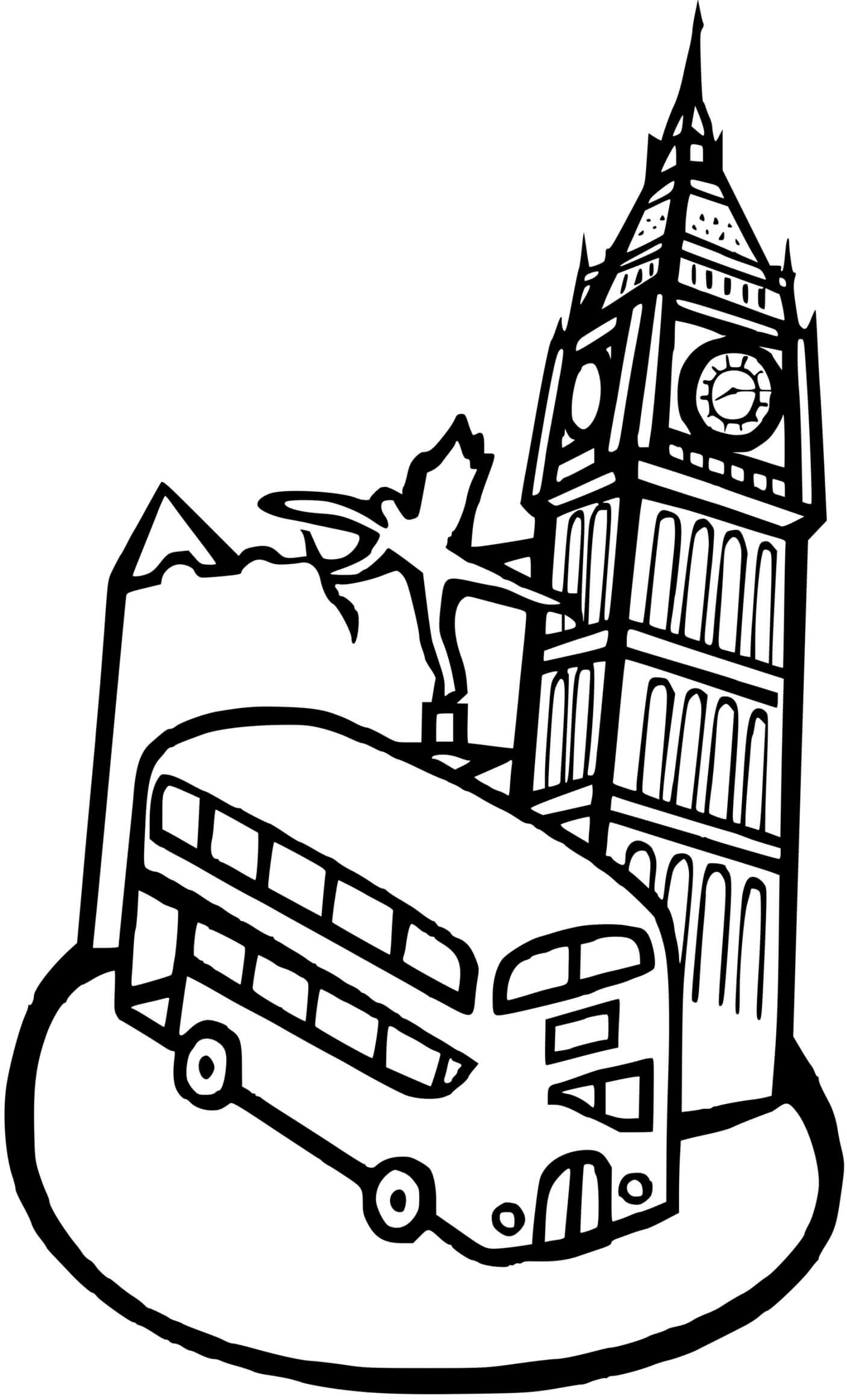 Coloriage Big Ben Horloge Autobus Rouge Angleterre - Big ben à imprimer