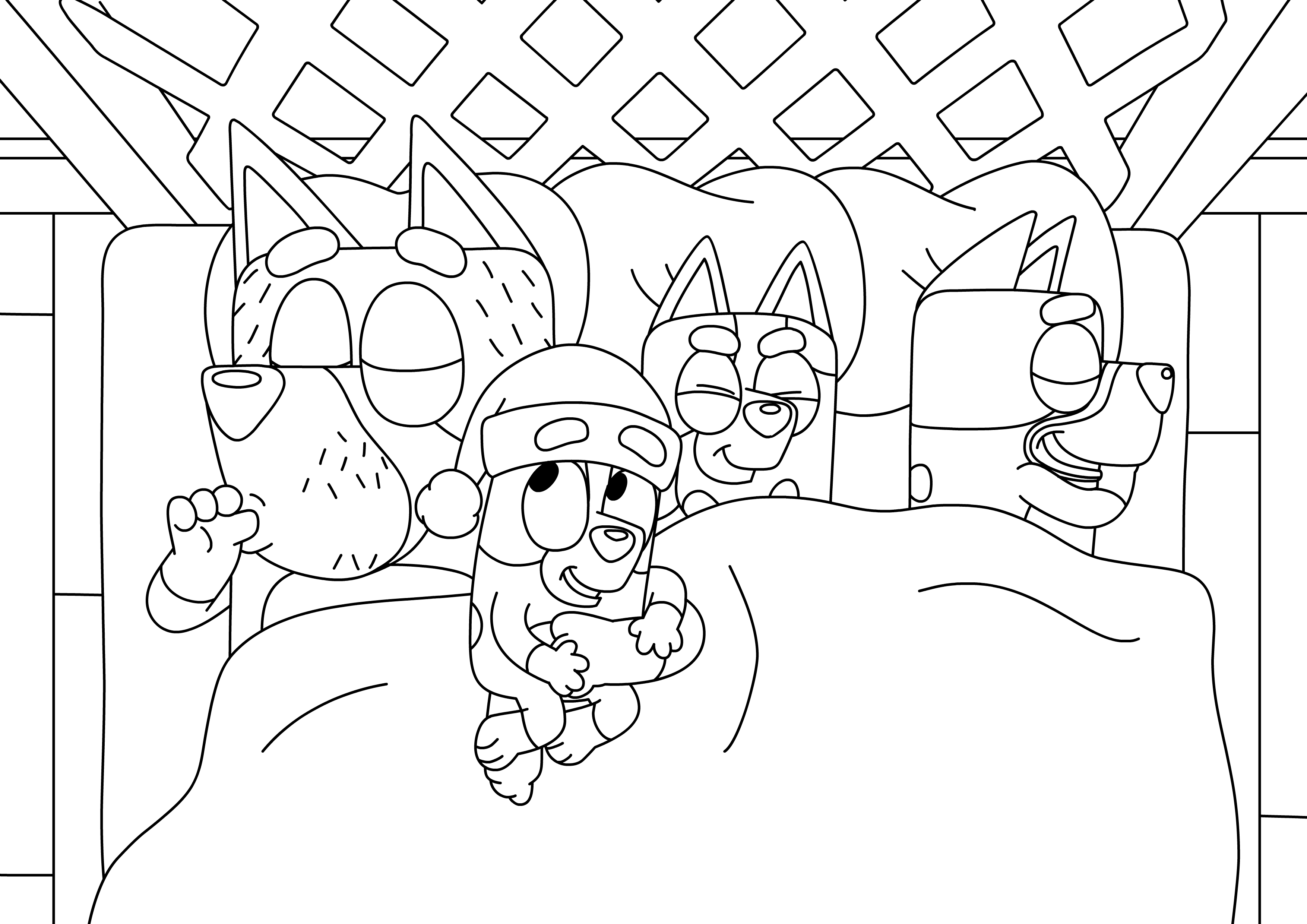 Coloriage Bluey Dort Avec La Famille - Bluey à imprimer