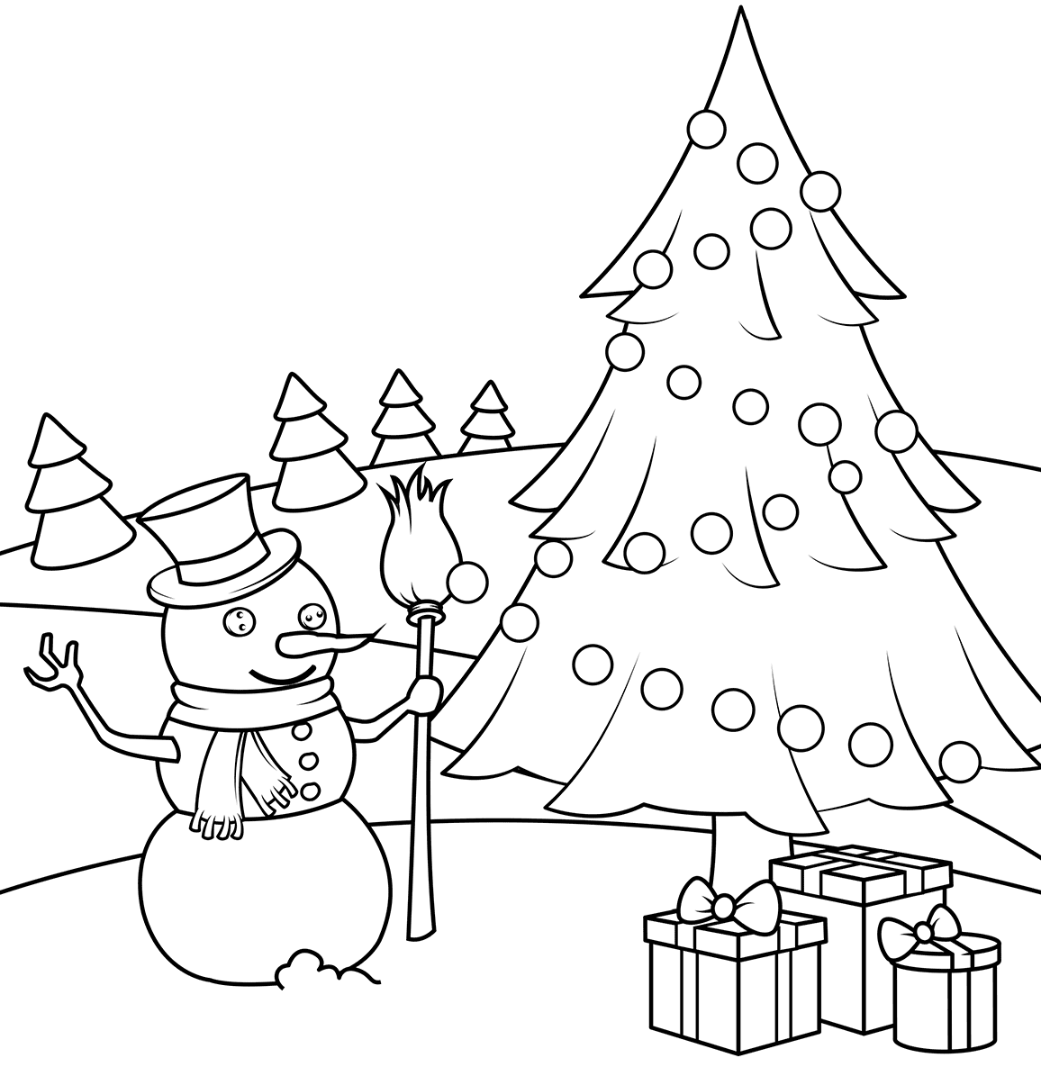 Coloriage Bonhomme De Neige Avec Un Sapin Et Des Cadeaux De Noël - Noël à imprimer