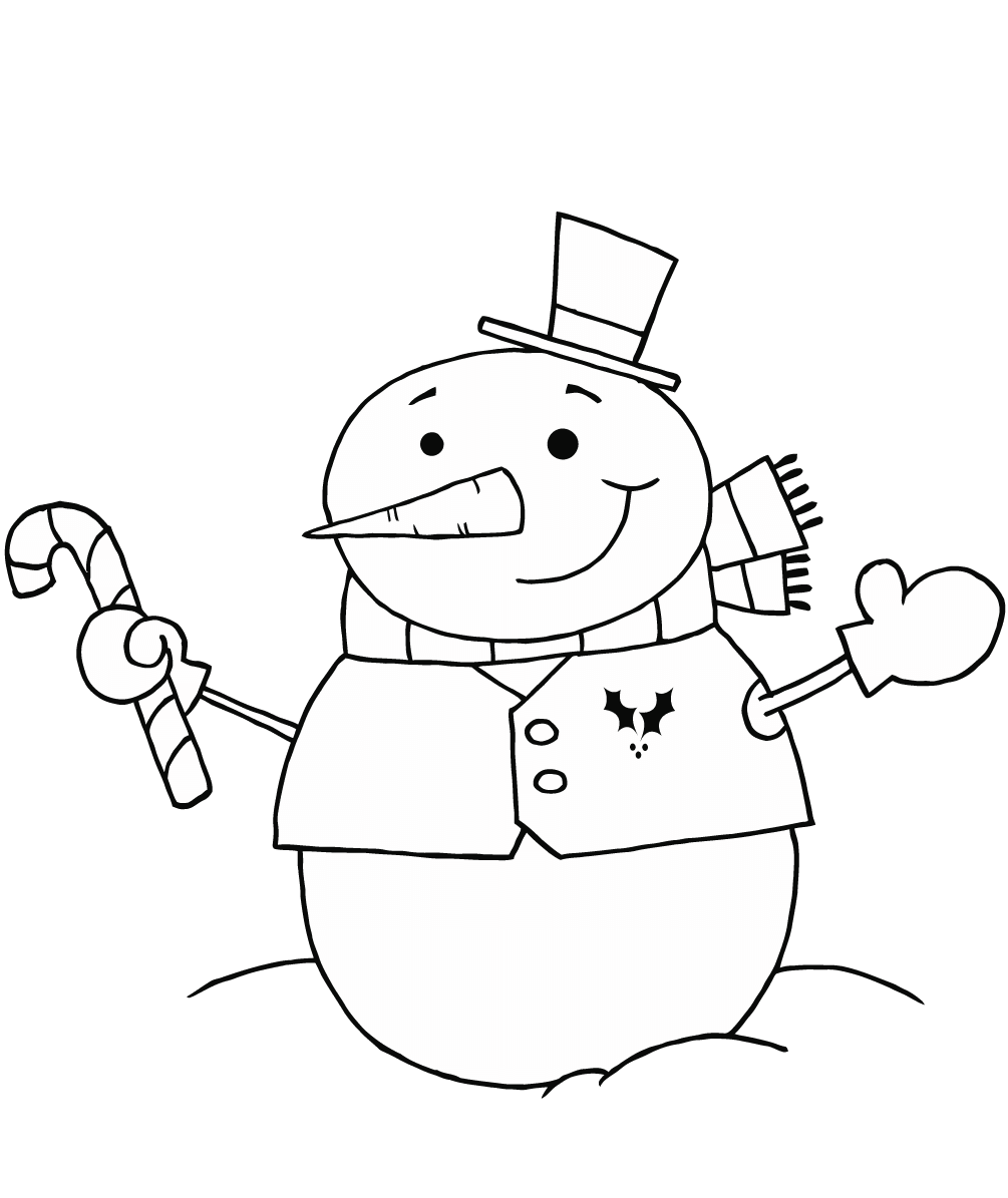 Coloriage Bonhomme De Neige Avec Une Canne De Noël - Noël à imprimer
