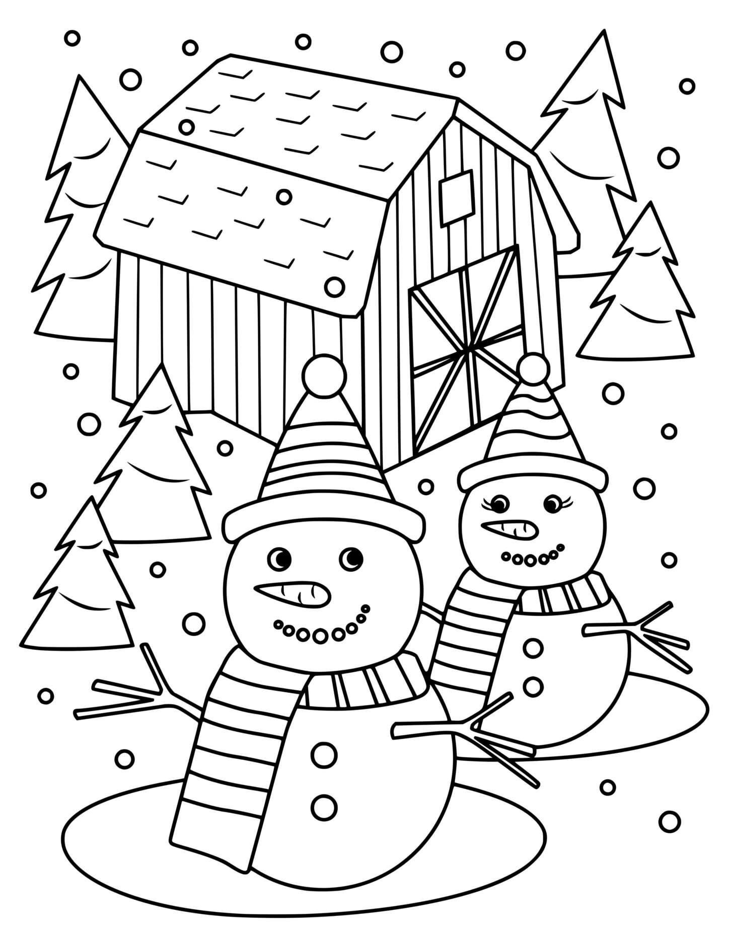 Coloriage Bonhomme De Neige Et Madame Neige Entoure De Sapins - Bonhomme de neige à imprimer