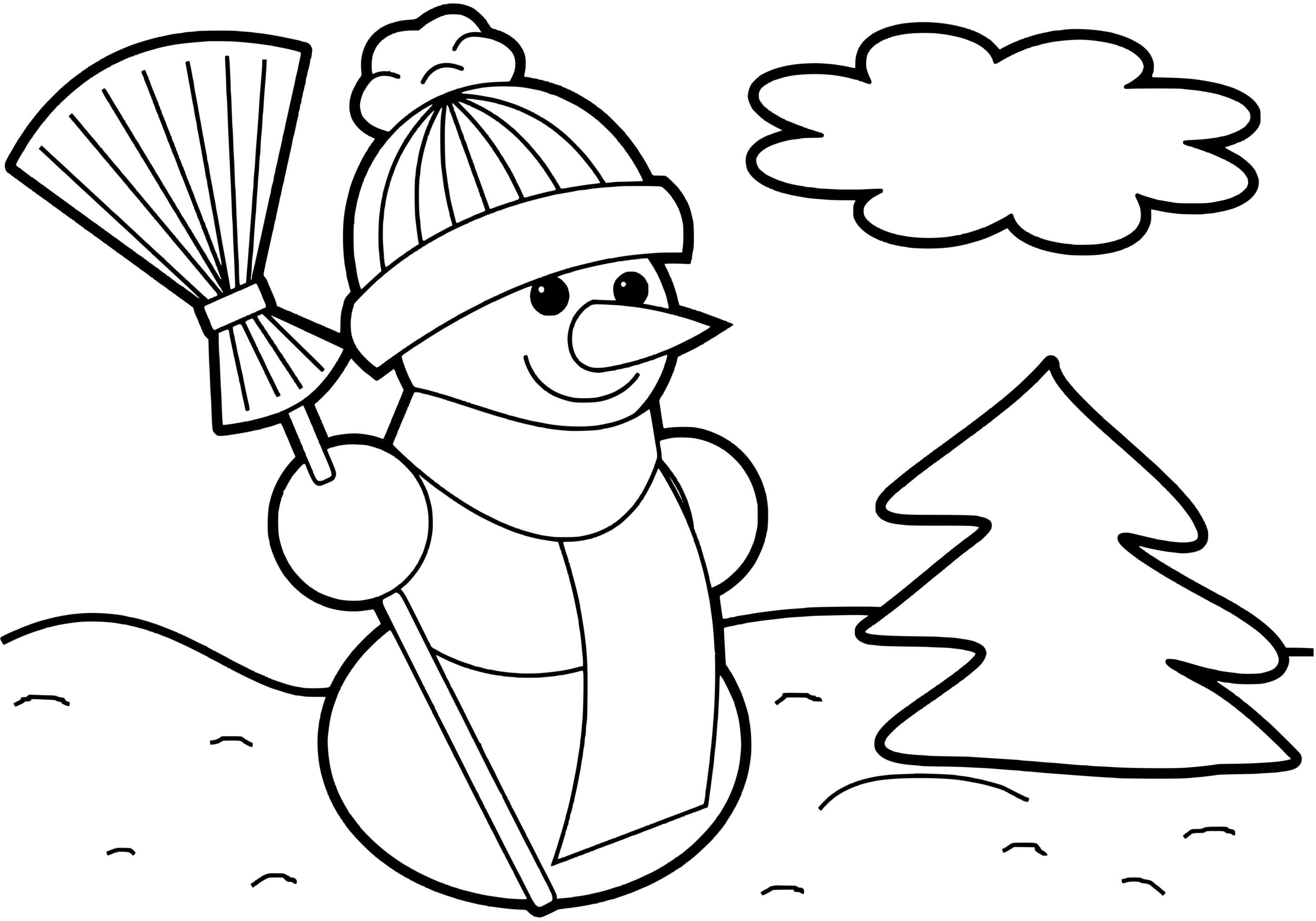 Coloriage Bonhomme De Neige Souriant En Hiver Avec Un Jolie Sapin - Bonhomme de neige à imprimer