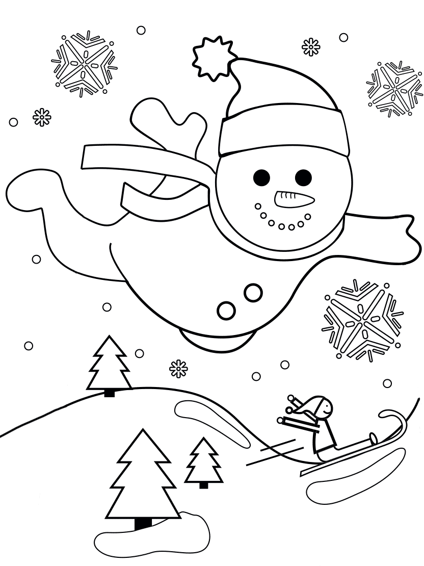 Coloriage Bonhomme De Neige Vol Au Dessus Dun Paysage De Noël - Noël à imprimer