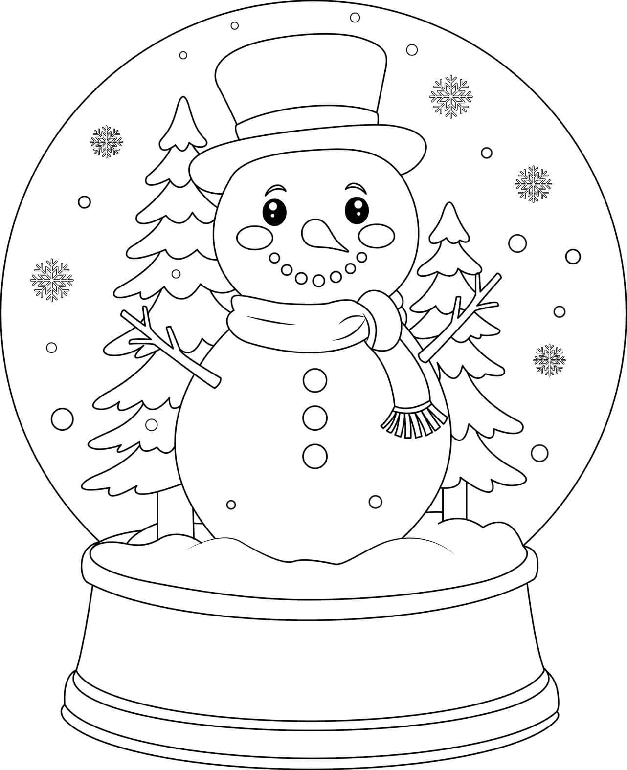 Coloriage Bonhomme Neige Boule Neige Avec Sapins - Bonhomme de neige à imprimer