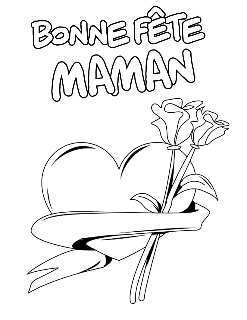 Coloriage Bonne Fête Maman Cœur Roses - Fête des mères à imprimer