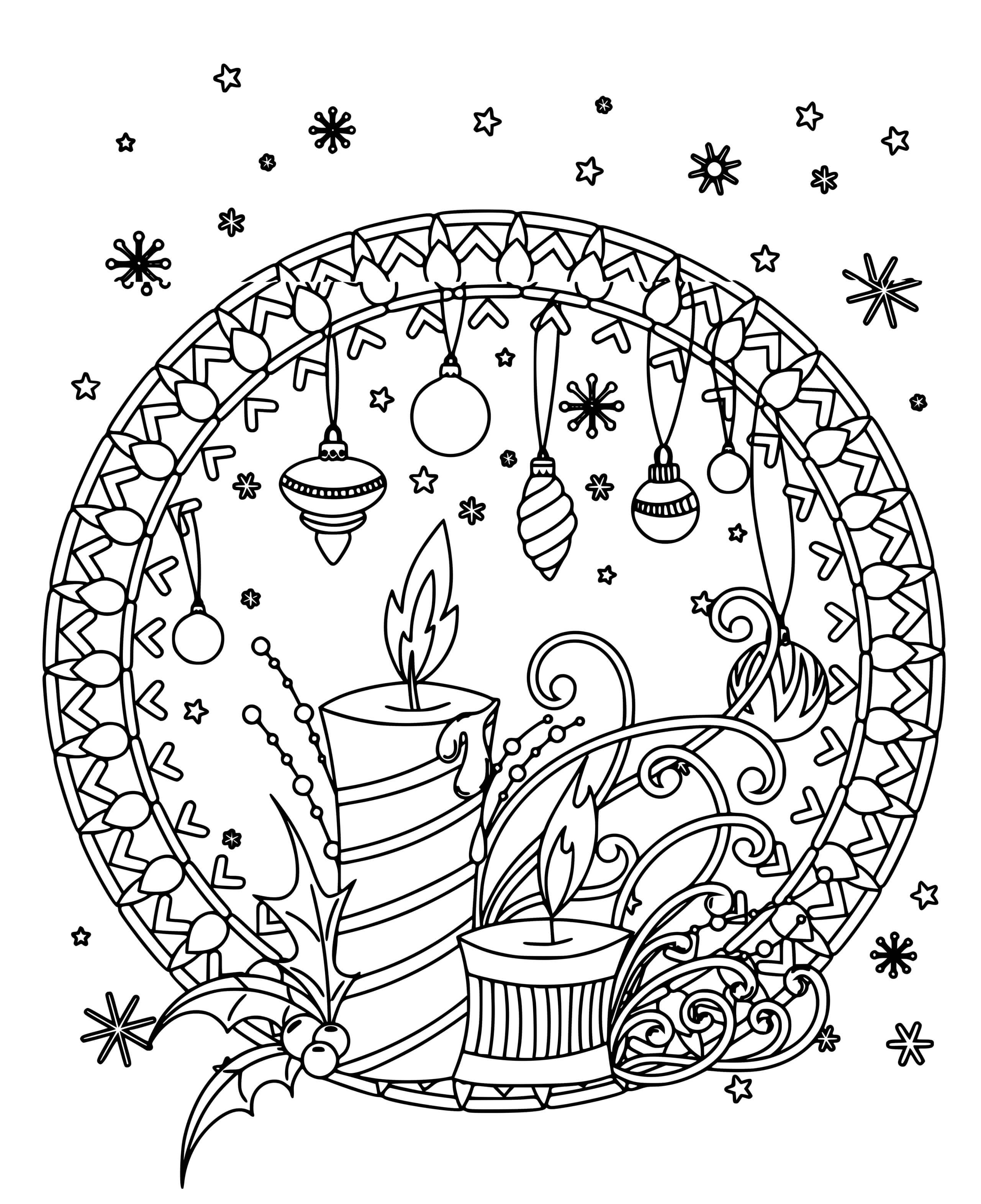 Coloriage Bougie Et Décorations De Noël Mandala - Mandala de Noël à imprimer