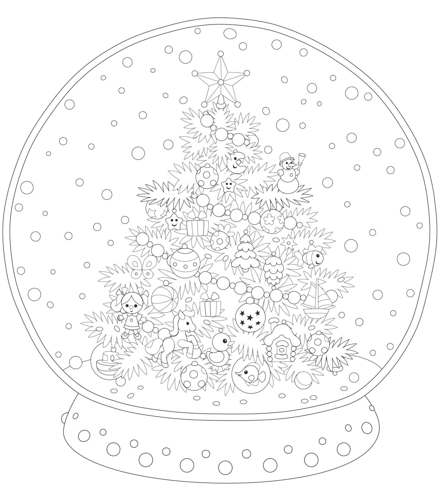 Coloriage Boule De Neige Deco Avec Sapin Pour Adulte - Noël adulte à imprimer