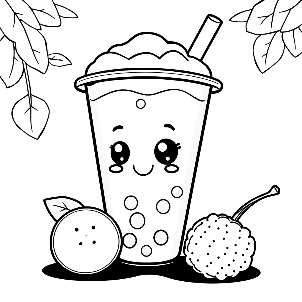 Coloriage Bubble Tea Honeydew Lychee Nourriture - Kawaii nourriture à imprimer