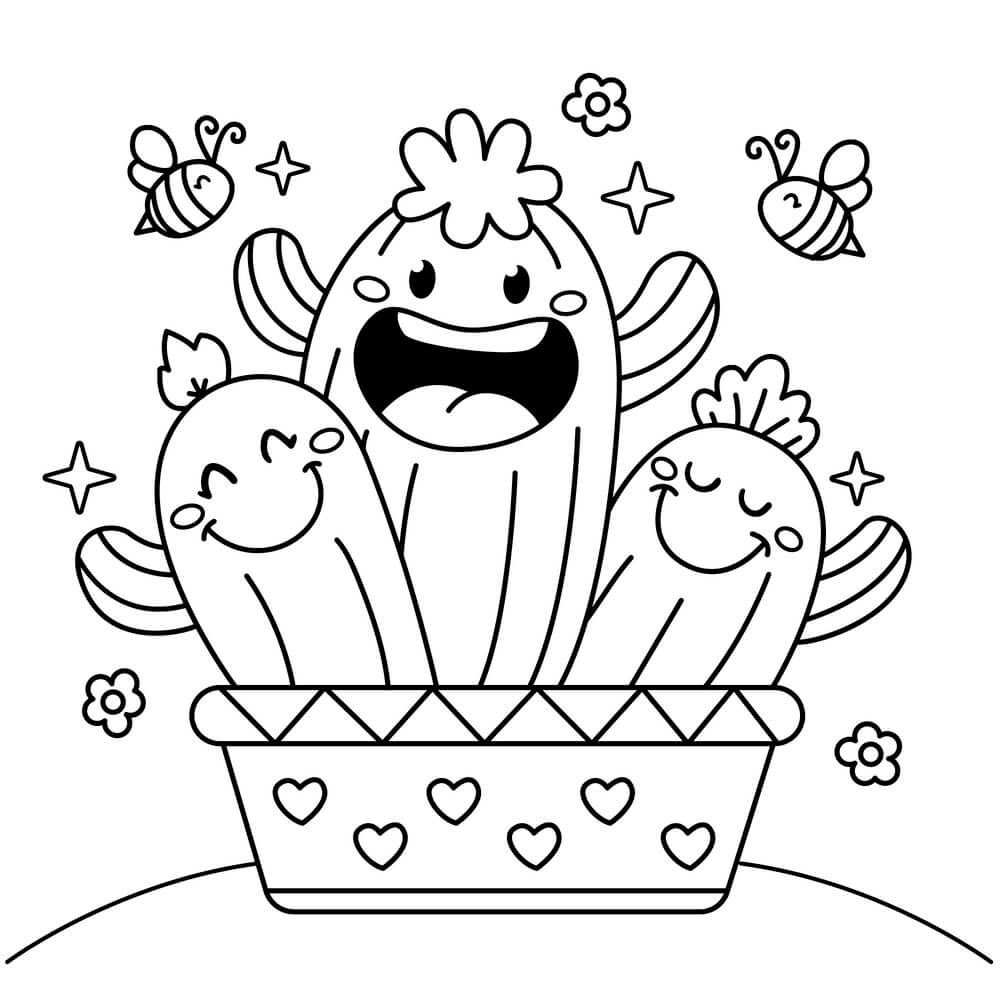 Coloriage Cactus Kawaii Printemps Facile - Printemps à imprimer