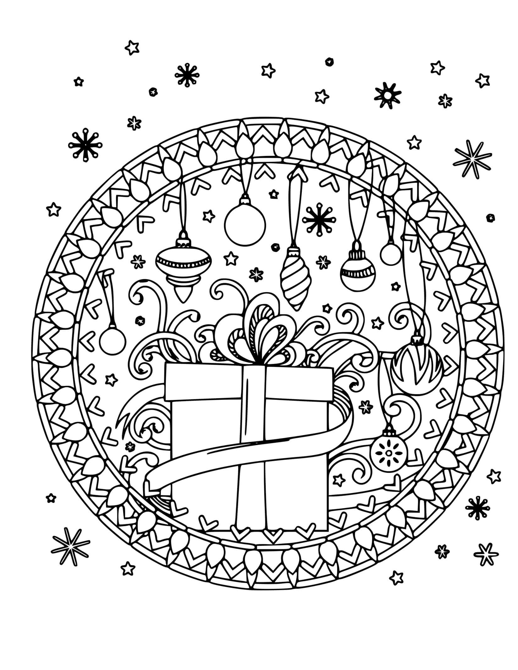 Coloriage Cadeau Flocons De Neige Et Décorations De Noël Mandala - Mandala de Noël à imprimer
