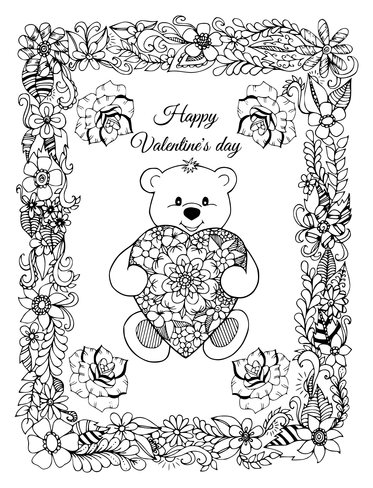 Coloriage Cadre De Fleurs Avec Un Ourson Et Cœur St Valentin - Saint-Valentin à imprimer