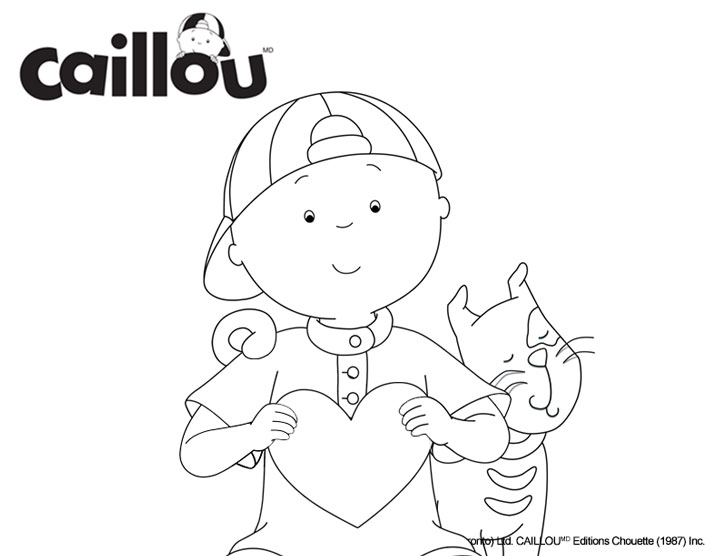 Coloriage Caillou Et Le Chat Gilbert Avec Un Cœur Pour La Saint Valentin - Caillou à imprimer