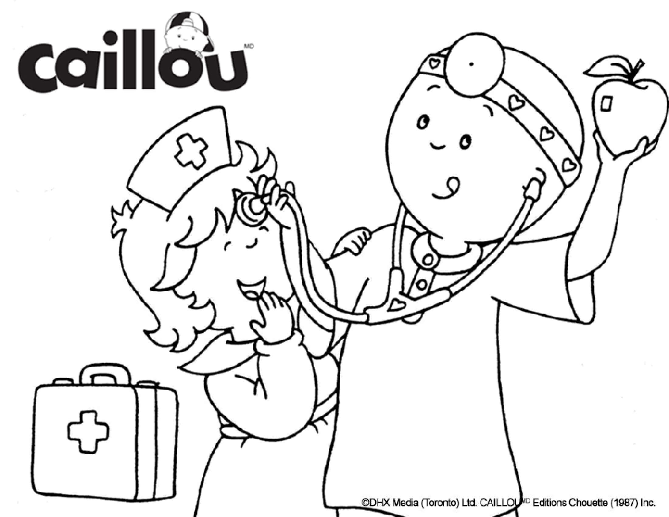Coloriage Caillou Et Mousseline Jouent Au Docteur - Caillou à imprimer