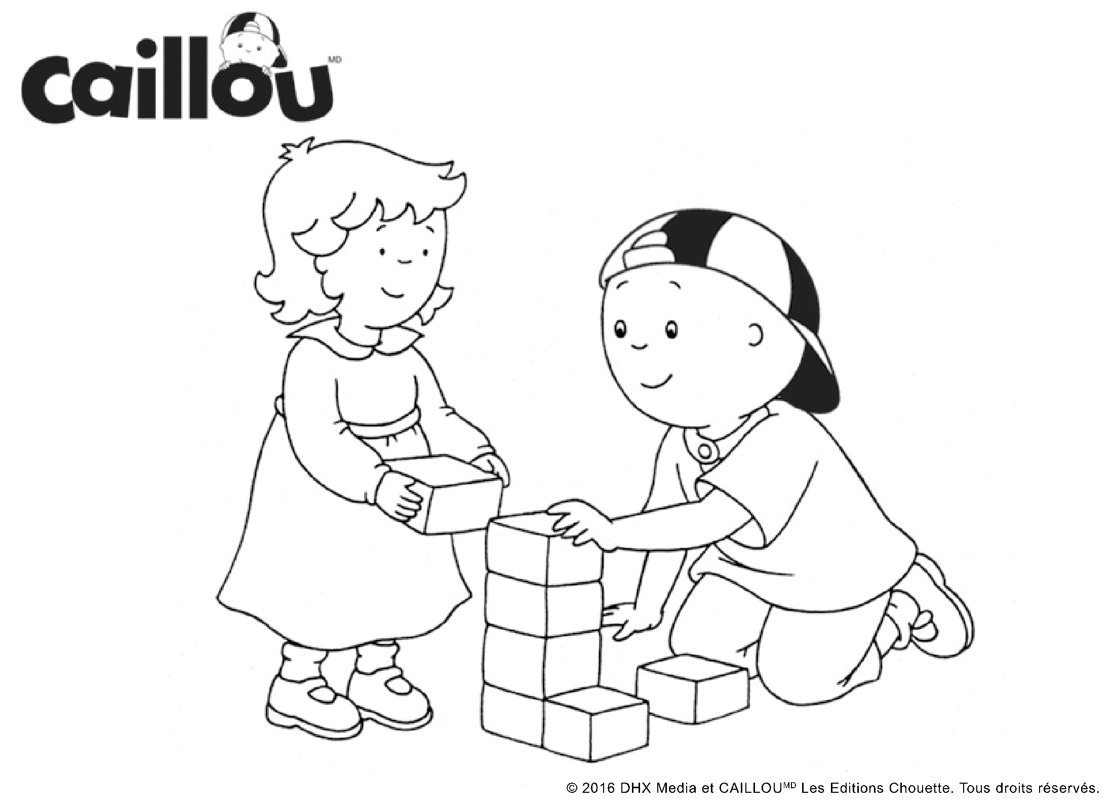 Coloriage Caillou Et Sa Petite Sœur Jouent Au Bloc - Caillou à imprimer