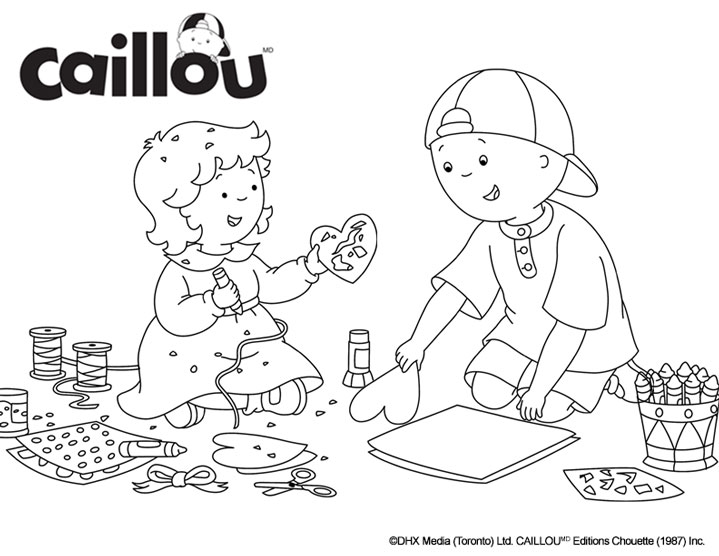 Coloriage Caillou Et Sa Sœur Mousseline Bricolent Pour La Saint Valentin - Caillou à imprimer