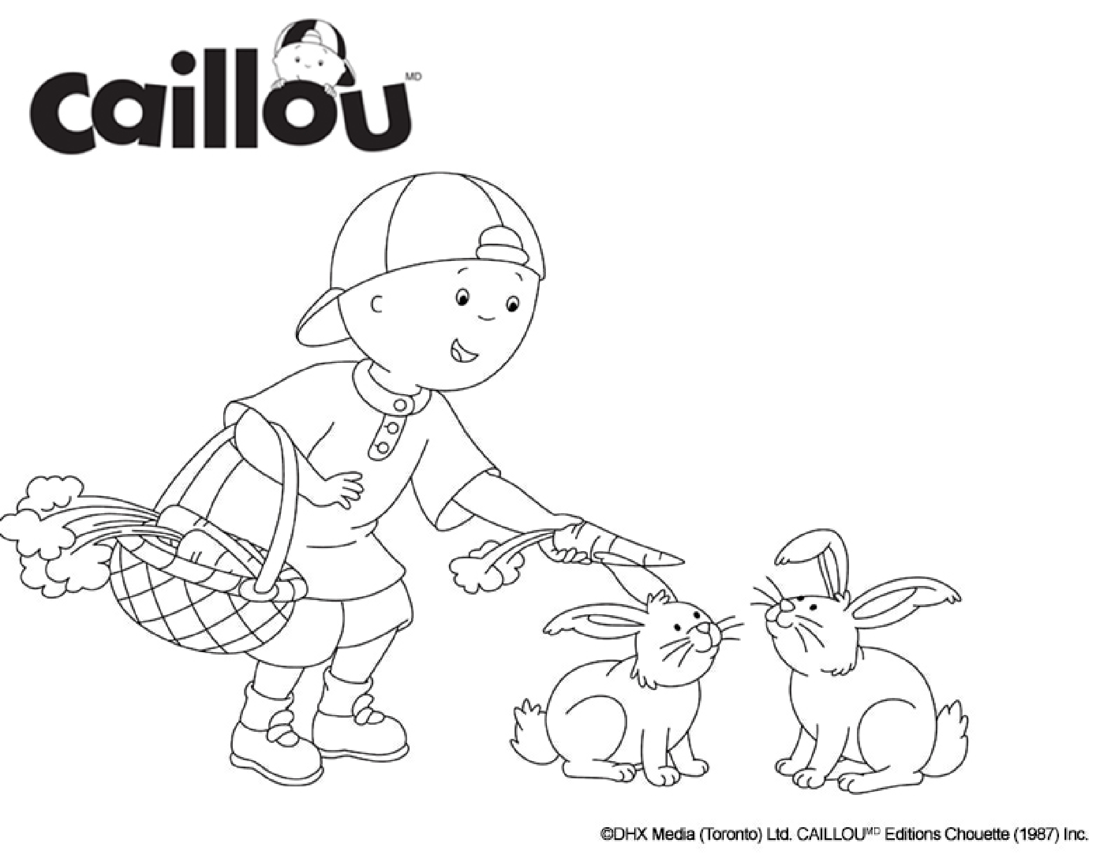 Coloriage Caillou Le Grand Garçon Donne Des Carrotes Aux Lapins - Caillou à imprimer